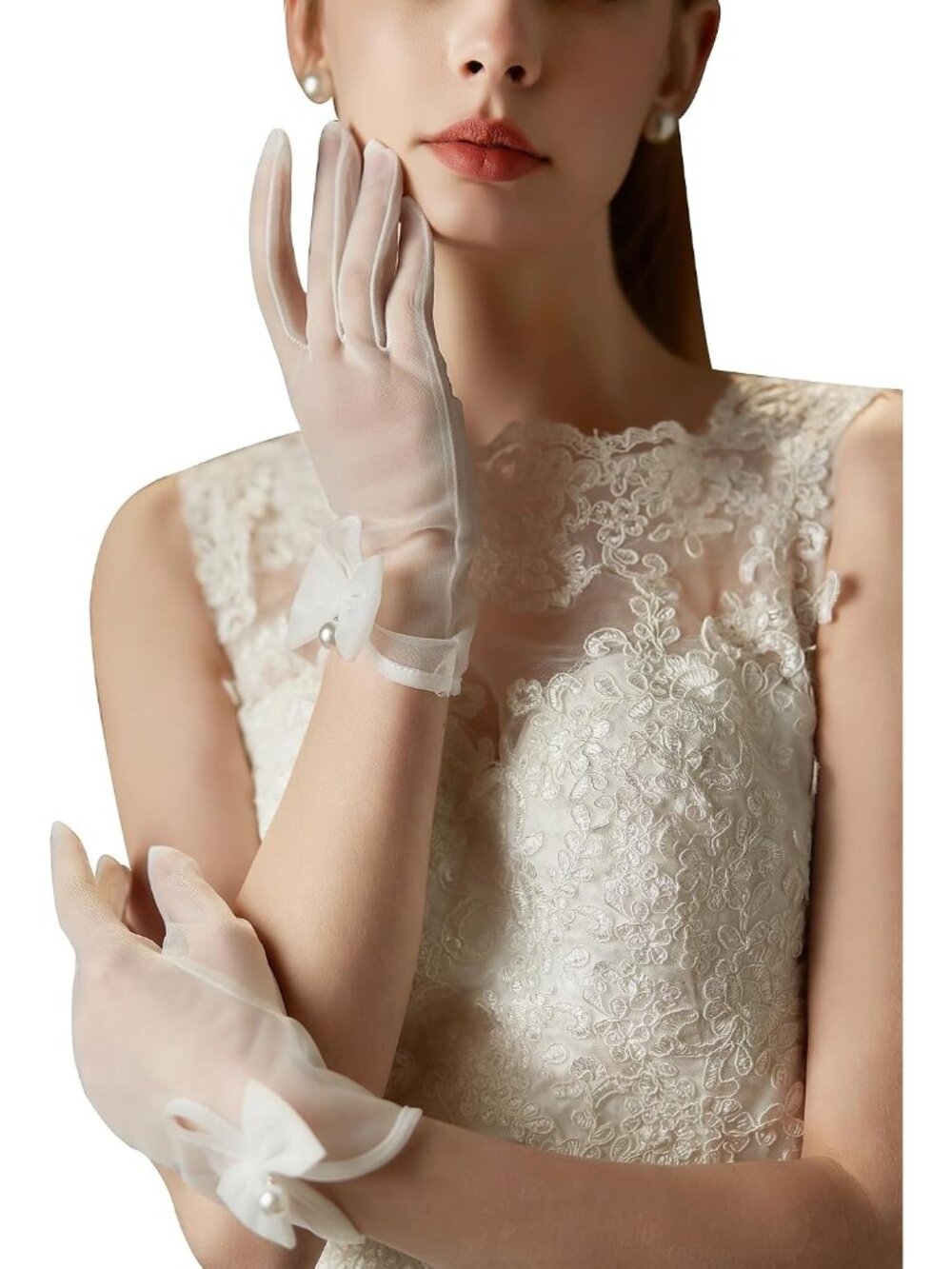 Women's Ivory Wrist Length Vintage Accessories Elegant Tulle Short Mesh Gloves